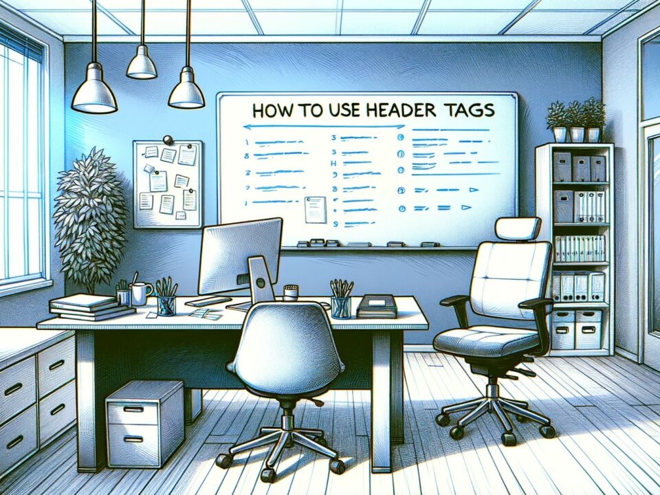 small office with a white board with "How to Use Header Tags" written at the top