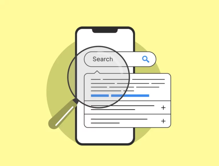 Illustration of a smartphone search result with a magnifying glass symbolizing Google Ads Callout Assets improving visibility