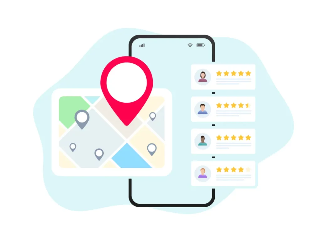 Google Business Profile tips showing Google Maps location pin, customer reviews, and local business lead generation features.